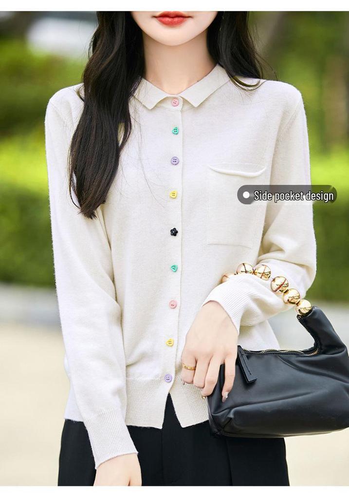 Spring/Summer 2026 Women's 100% Wool Polo Neck Long Sleeve Knit Cardigan Jacket with Colorful Buttons