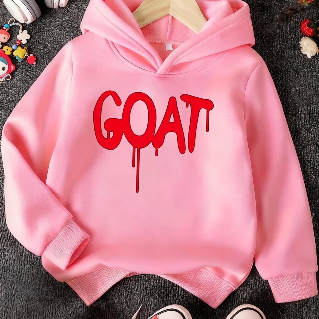 Girls' Hooded Sweatshirt - Halloween Themed Hoodie with Creative GOAT Letter Print, Unisex Holiday Gift, Cartoon Fashion Design
