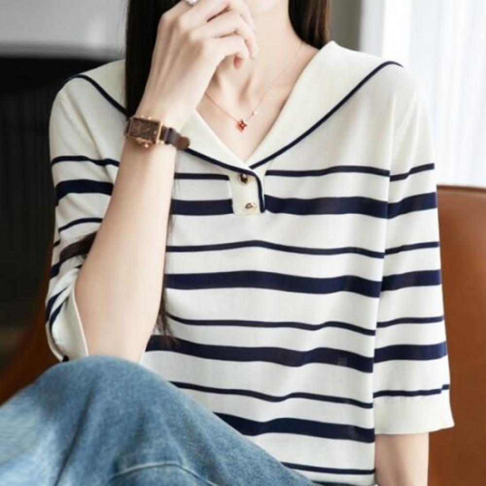 Navava Women Casual Stripe Collar 5 Sleeve Knit Nk2940
