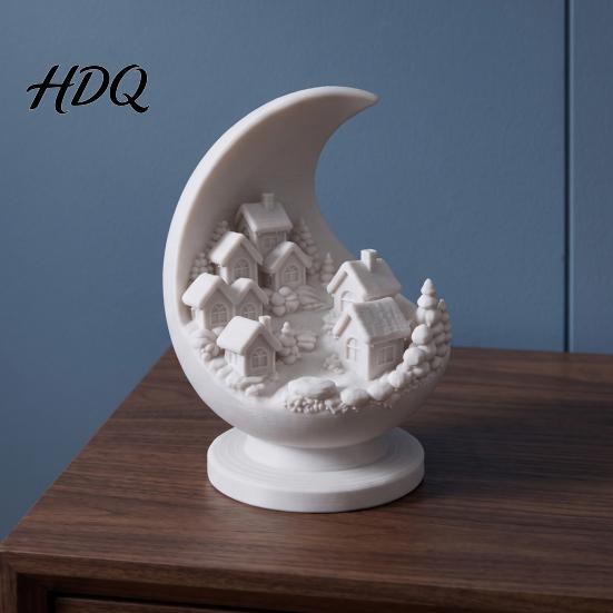 Study Room Desk Sculpture 3D Printed Crescent Moon and Snowy Village Figurine Mini House Statue Unique Resin Craft Ornament with Stable Base,