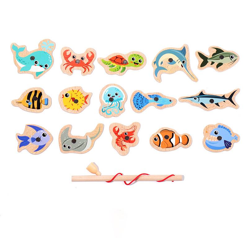 Wooden Fishing Toys For Children Magnetic Marine Life Cognition Fish Games Parent-Child Interactive Educational Toy