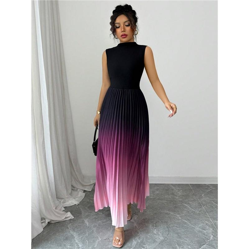 Graduated Color Sleeveless Round Neck Dress Long Skirt Korean Style Casual Fashion Comfortable Leisure Gradient Color Dress