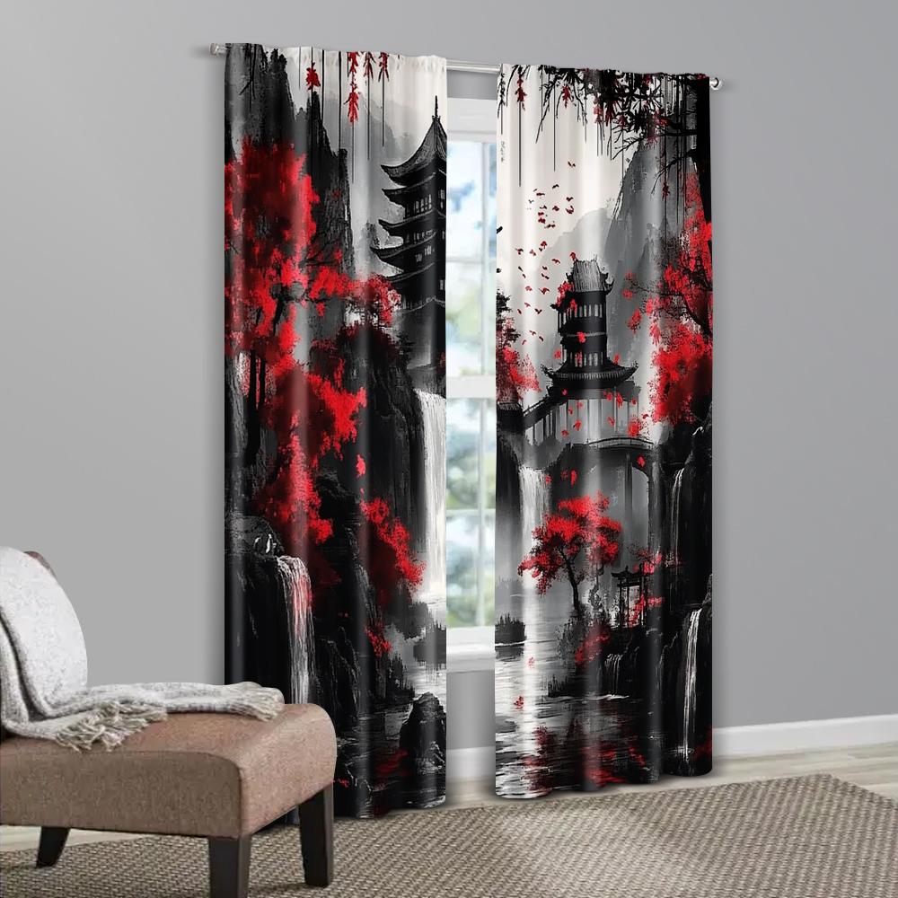 Set Of 2 Creative Curtains Print Japanese Mountain Ink Painting Fabric Without Rod Decorations Inside Use Bedroom Office Made Polyester Sleeping Area