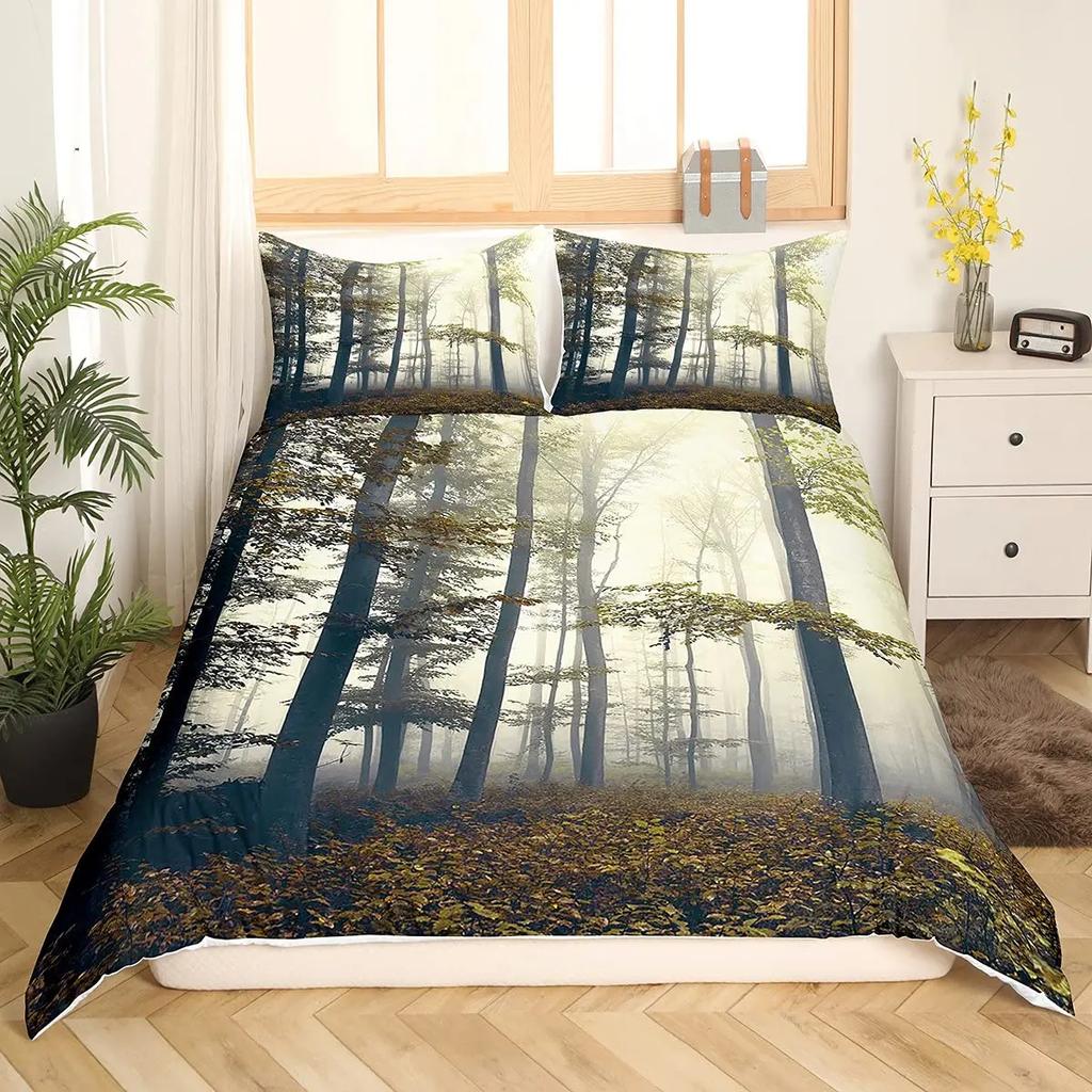 Tree Lush King Queen Bedding Set Dense Birch Trees Duvet Cover Jungle Nature Botanical Quilt Cover Polyester Comforter Cover