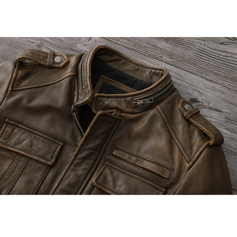 Chinese Size Men Leather Jacket Style Brown Genuine Cowhide Coat Soft Slim Fit Spring Vintage