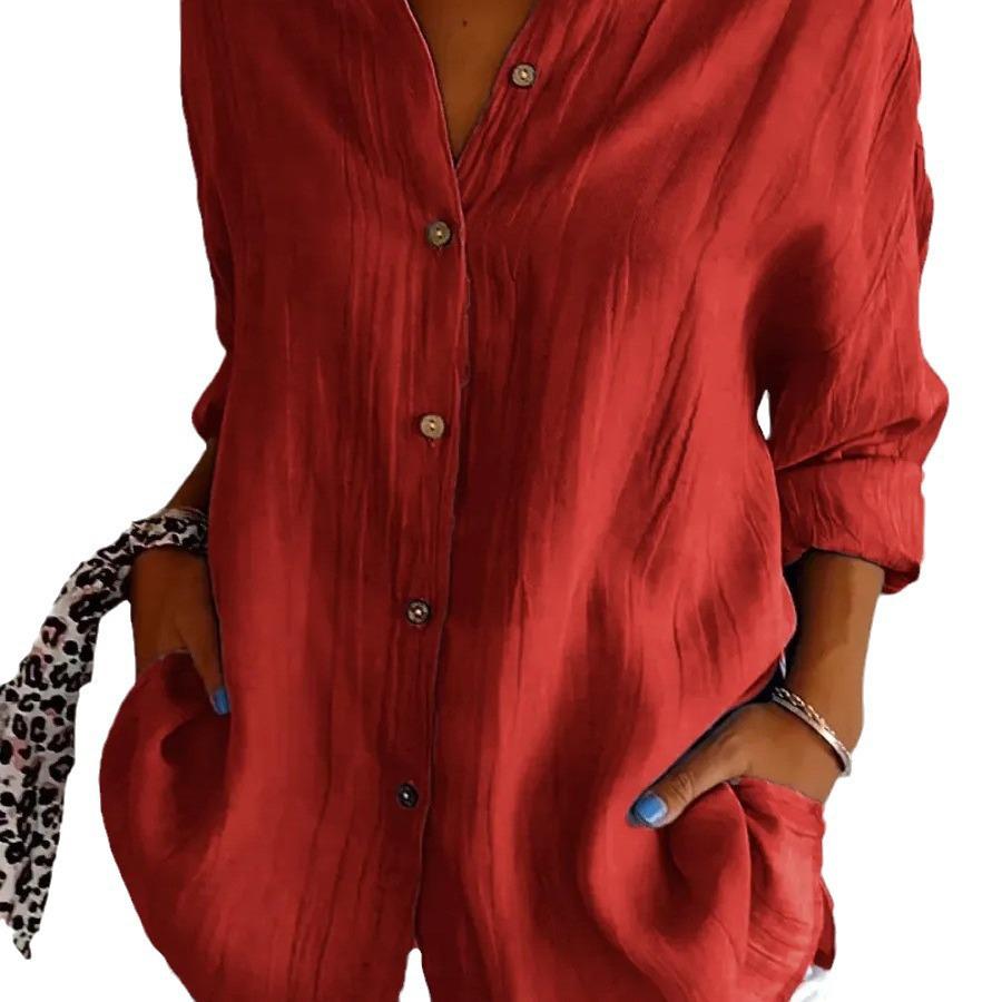 2024 Women's Solid Color Pleated Lapel Shirt - European & American Style, Single-Breasted Roll-Up Sleeve Top