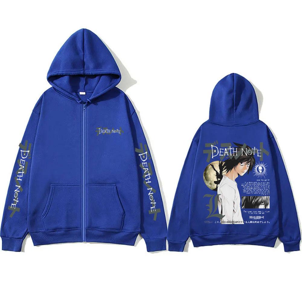 Anime Death Note L Lawliet Graphic Zipper Hoodie Men Women Casual Oversized Cotton Zip Up Jacket Male Vintage Zip Up Sweatshirt