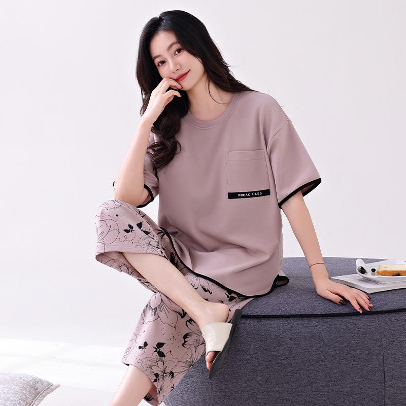Pajamas women's summer pure cotton short-sleeved printed cropped pants thin cotton women's loungewear summer loose large size set