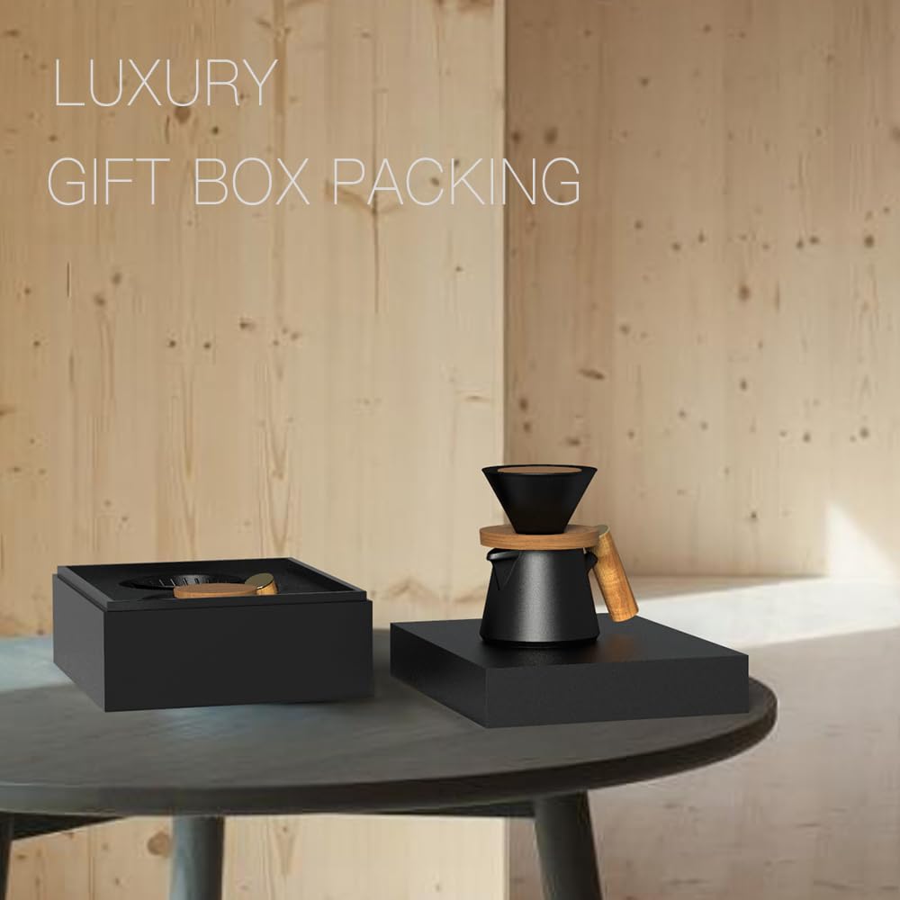 DHPO Ceramic Pour Over Coffee Dripper Set High Temperature Fired Ceramic Accessories V60 Dripper Wooden Handle Black 590ml