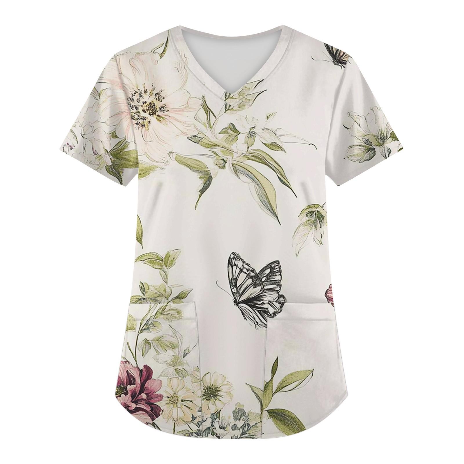 

Женская мода с коротким рукавом и V-образным вырезом с карманами и цветочным принтом Топы Одежда L зелёный