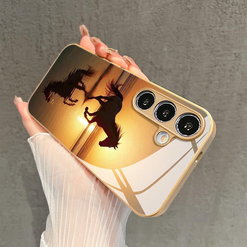 Sunset Beach Wild Horse Pattern Glass Phone Case Suitable for Samsung for GalaxyS26 S25 S24 S22 S21 S20FE Ultra Plus 5GAnti Drop