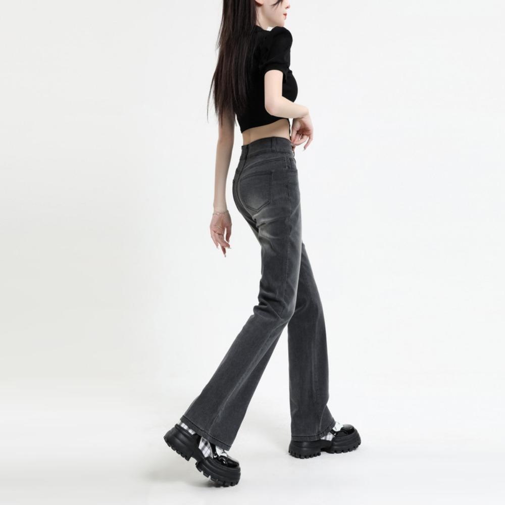 Retro Schlagjeans 2025 neues Design hohe Taille und dünne schwarze graue Bodenwischjeans Damen