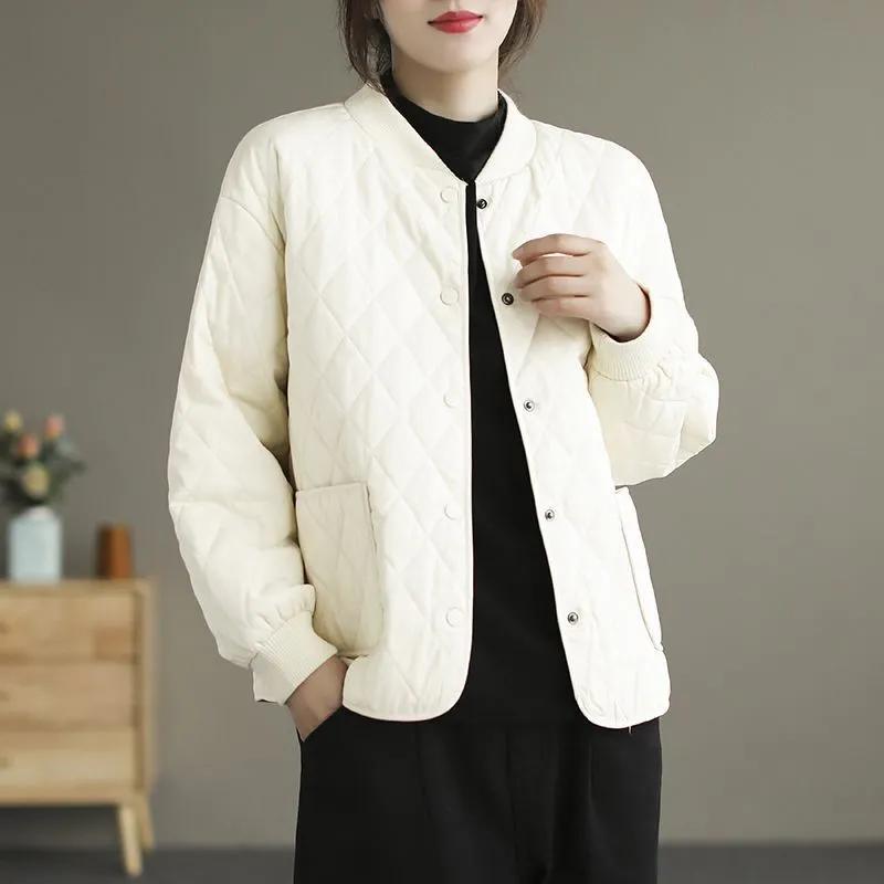 Giacca comoda da donna autunno e inverno, sottile, ampia, tinta unita, scollo tondo, corta, con clip a traliccio di diamanti, in cotone