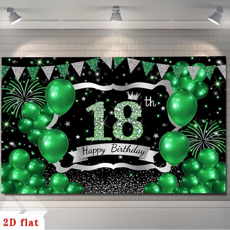 2D Green Silver 18th Happy Birthday Backdrop with Balloons & Fireworks