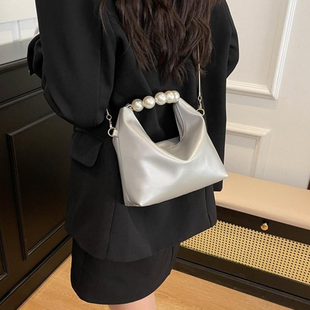 Chain Pearl Handle Handbag PU Leather Women Crossbody Bag Elegant Cloud Shoulder Bag  Party