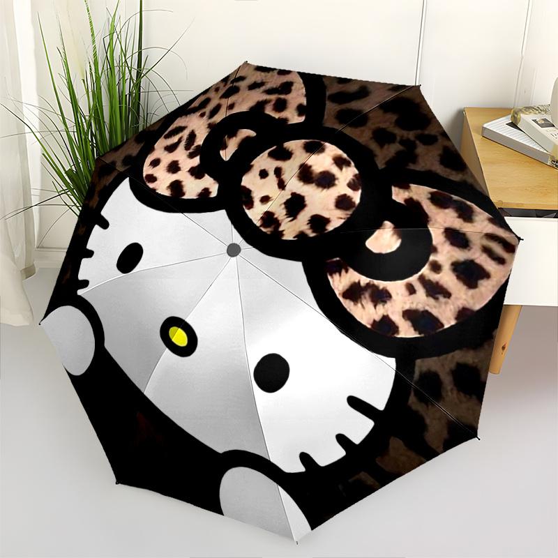 

1pc Leopard Print Hello Kitty Automatic Opening/Closing Umbrella with Portable Tri-Fold Design, 8-Bone Iron Frame Outdoor Umbrella, Ideal Gift for Fan