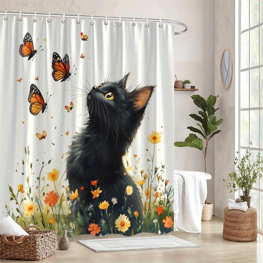 1Pc Black Cat Yellow Eyes Shower Curtain - Polyester Fabric, Machine Washable, Suitable For Bathroom Decoration