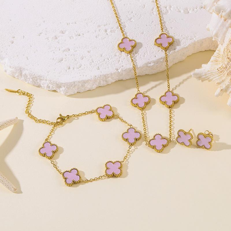 Set da 3 pezzi in acciaio al titanio, resistente allo sbiadimento, a doppia faccia, con quadrifoglio, moda donna, elegante, lusso leggero, collana per clavicola e braccialetto