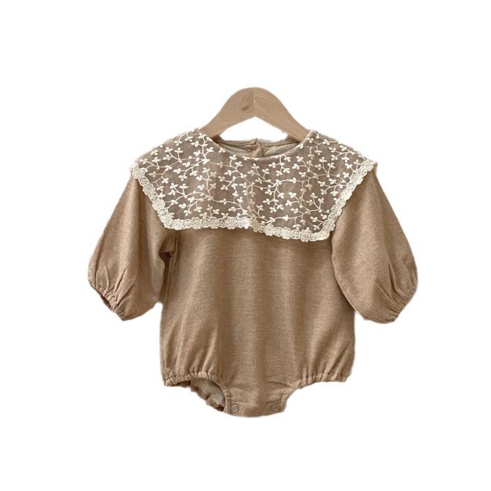 Baby Mädchen Herbst Spitzen Revers Baumwoll Jumpsuit - Langarm Krabbel Strampler