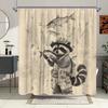 Skurriler Waschbär beim Angeln Duschvorhang - Anthropomorphes Design, Bleistiftzeichnung, Polyester, 12 Haken, Verspielte Dekoration