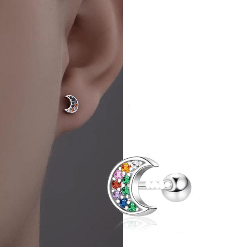Men Moon Stud Earrings Rainbow Zirconia Crescent Moon Barbell Huggie Ear Piercing Jewelry