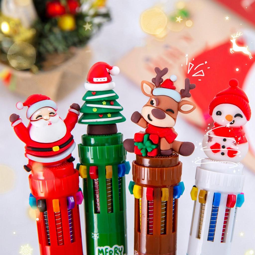 4 Pcs Cute Cartoon Christmas Ten-color Ballpoint Pen with Santa, Reindeer, and Snowmen