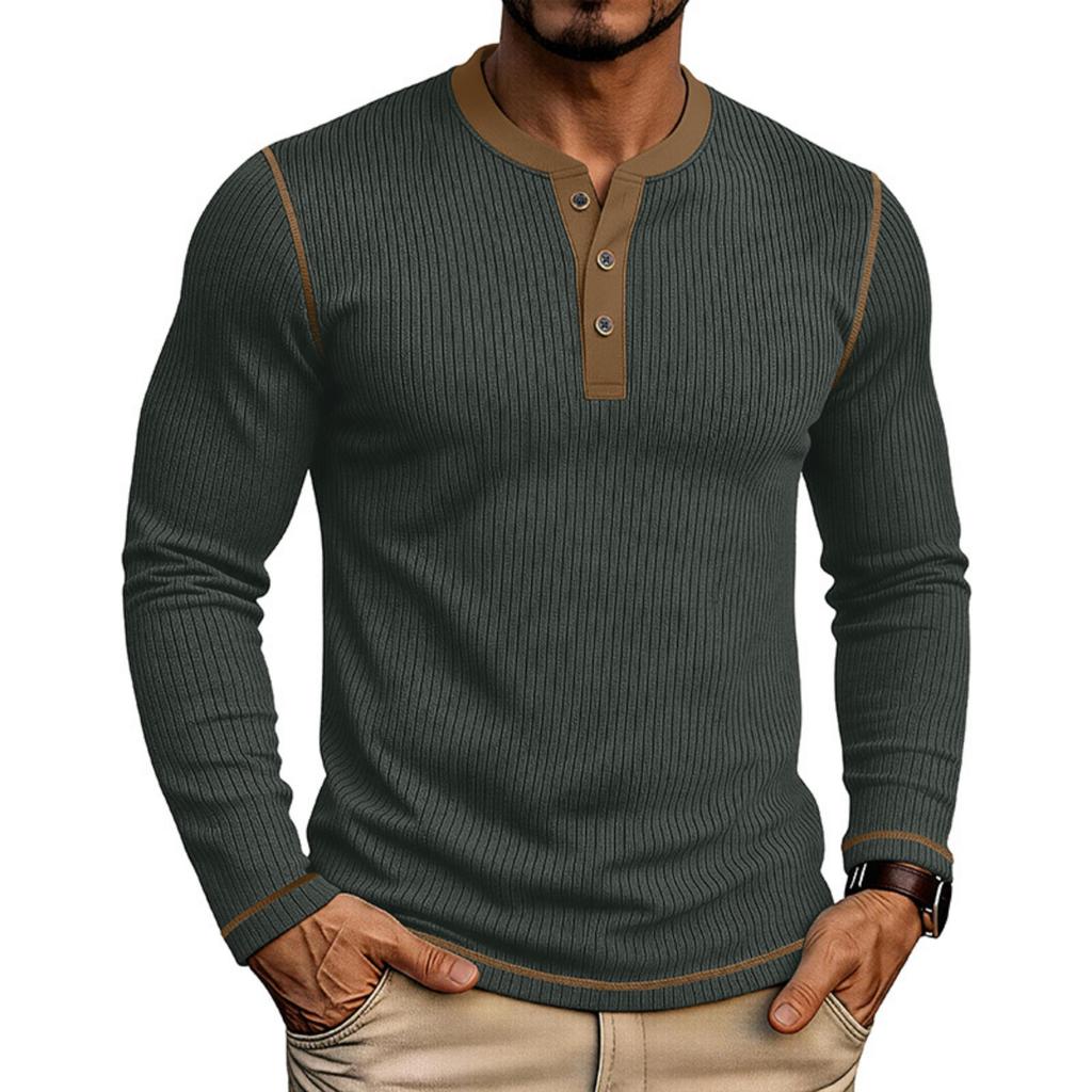 Men's Long Sleeve Henley Shirt Ribbed Knit Sweater Pullover Buttoned Collar Slim Fit Casual Top for Autumn Winter