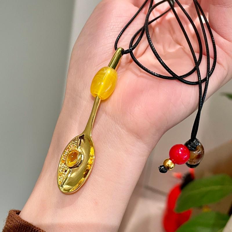 Элегантный кулон-ложка из матового металла на длинной цепочке - Осенне-зимняя ретро-цепочка для свитера с бусинами для женщин