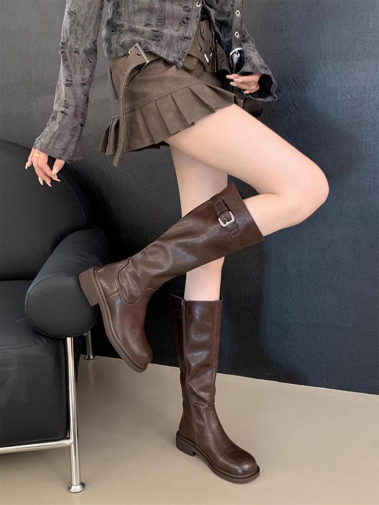 Real soft leather boots women's shoes 2024 autumn and winter retro slim boots but knee thick heel high boots knight boots