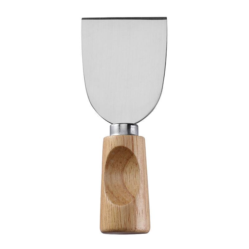 

Stainless Steel Cheese Knife Set with Rubber Wood Handles: Knife, Fork, Spoon, Butter Knife, and Spatula.