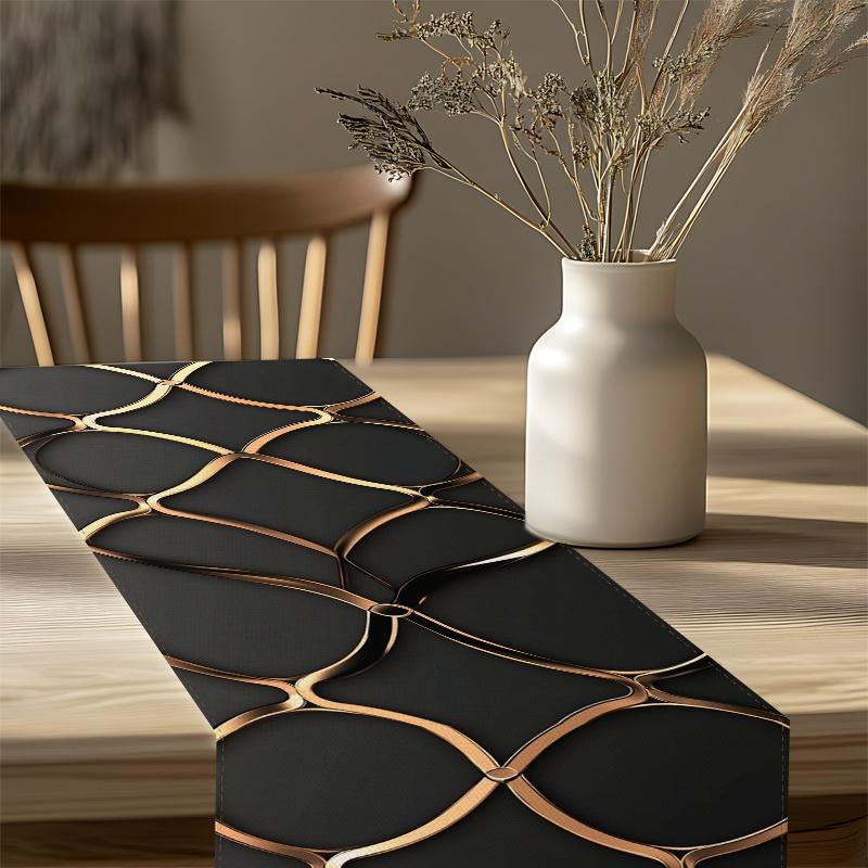 Jingyue Pet Black/Gold Modern Luxury Geometric Pattern Table Runner, Dining Table Decor