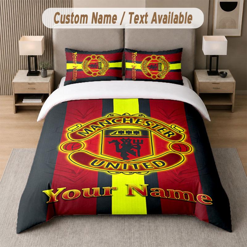 Juego de Cama Personalizado Patrón Manchester United, Estampa Nombre Texto 1 Funda Nórdica más 2 Fundas de Almohada Textil para el Hogar