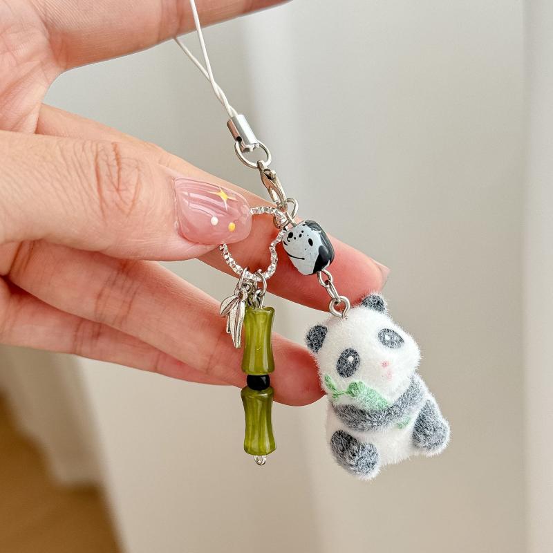 3D Flocking Resin Cute Panda Keychain Cartoon Animal Pendant For Bag Mobile Phone Charms Home Decoration A1