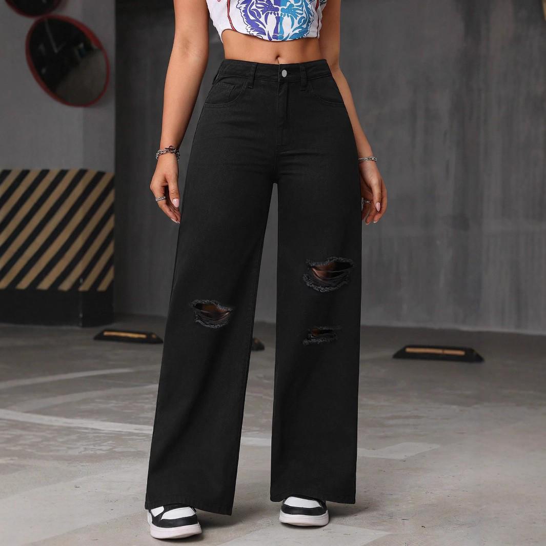 2025 Solid Color Washed Women s Wide-Leg Ripped Jeans - Classic Sand Wash S чёрный