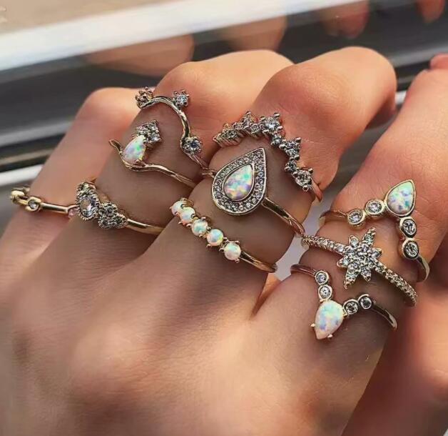 Women Boho Vintage Silver Color Big Stone Ring Set for Women Fashion Bohemian Jewelry 2019 New Hot