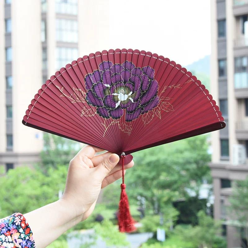 Dream Lotus Mini Japanese-Style Handheld Full Bamboo Fan Hanfu Classical Dance Qipao Portable Folding Fan Girl Group Folding Fan