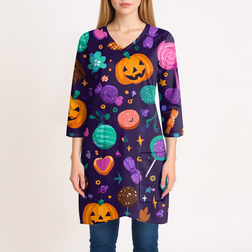 Womens's Fashion Casual Halloween Print V-neck Mid Length Pocket 3/4 Sleeve Top