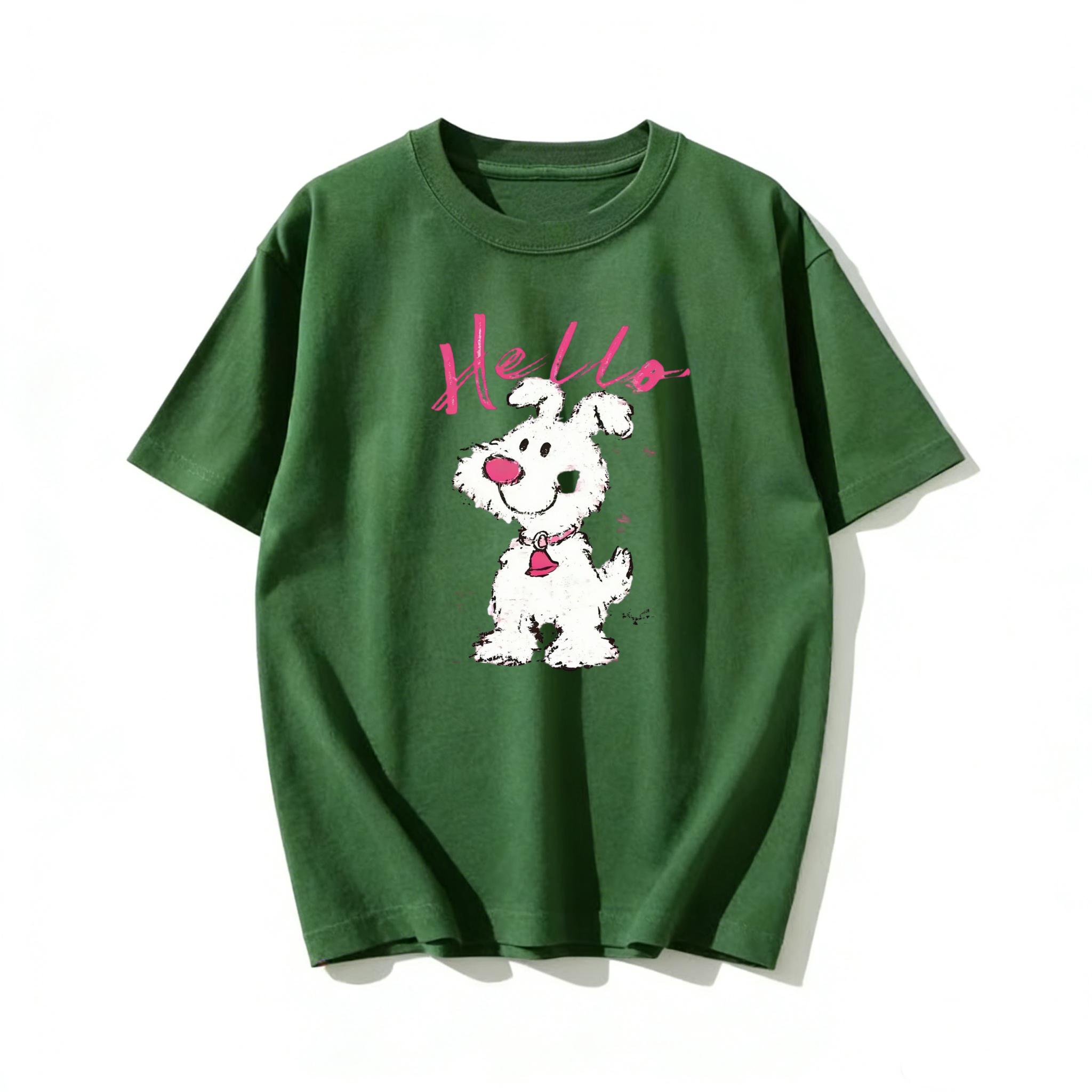 

Adult and Childrens Healing Small White Dog Hello Fun Letters Multicolor Pure Cotton Tshirt Couple and Parentchild Style S