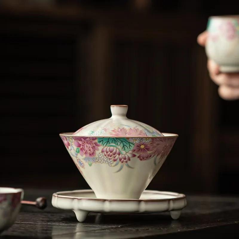 1Pc 125ML Lard Frozen Small Garden Hat Cover Bowl Retro Household Three Talents Tea Bowl Kung Fu TeaSet Ceramic Teacup with Lid