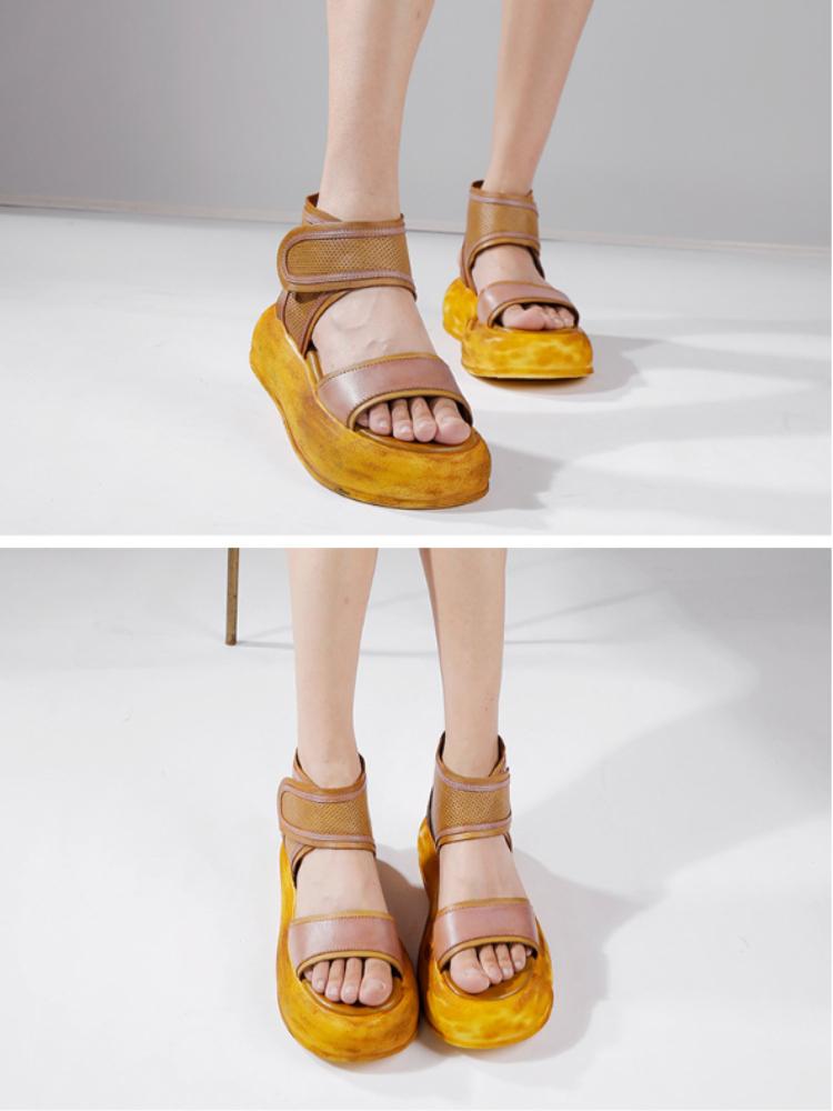 Johnature Genuine Leather Thick Sole Sandals Retro Soft Sole Handmade Women's Flat Platform Shoes