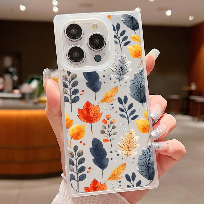 Frosted Square Transparent Phone Case for iPhone 16 Pro 15 14 Plus 13 12 Pro Max 11 Tree Leaves Floral Pattern Tpu Soft Shockproof Slim Cover