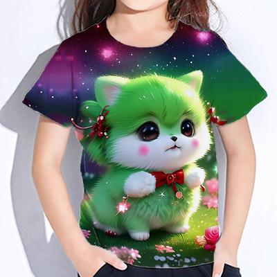 Kinderkleidung Bluse für Mädchen Kawaii Katze Mädchen Kurzarm T-Shirt Druck Jungen Kleidung Polyester Mädchen T-Shirt Kind T-Shirt