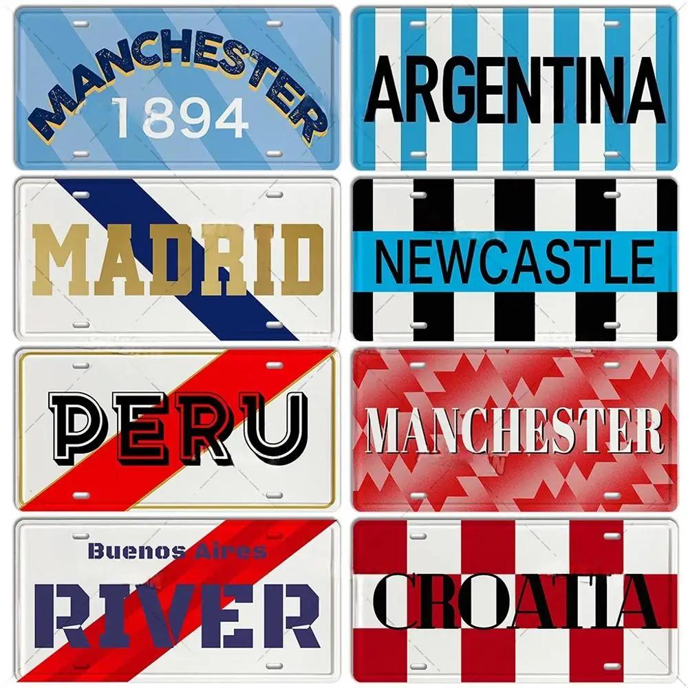 Hisun Tin Sign HD Tin Sign Vintage Football City License Plate Set Metal Wall Art Retro Soccer Team City Decor for Bar Man Cave Sports Fan S