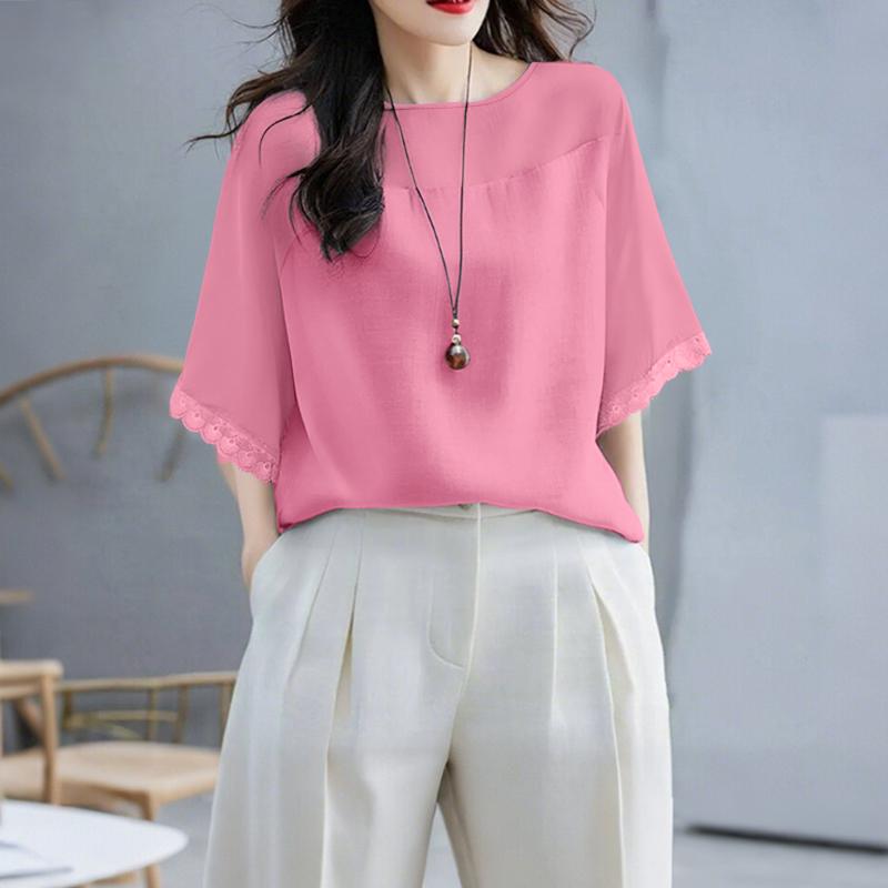 

ZANZEA Женская повседневная блузка с круглым вырезом, летняя, с коротким рукавом, свободного кроя 5XL розовый