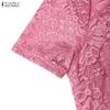 ZANZEA Women Casual Round Neck Short Sleeve Lace Patchwork Dress