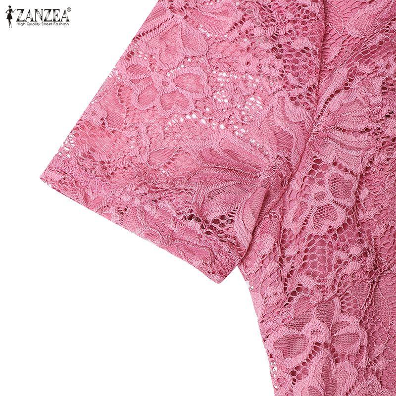 ZANZEA Women Casual Round Neck Short Sleeve Lace Patchwork Dress
