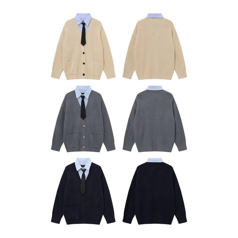 V-neck Knit Cardigan Preppy Vintage Colorblock Fake 2-piece Long Sleeve Casual Outerwear Teens