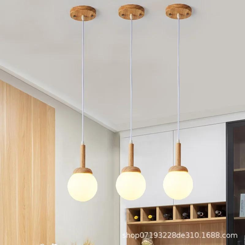 Nordic pendant lamp wood atmospheric Chinese three head dining room dining room modern simple bar personalized creative kitchen