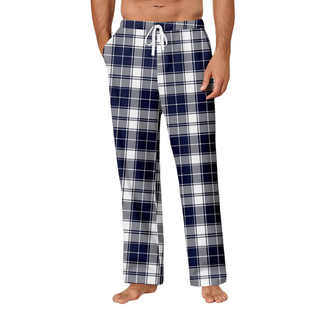 Men's Drawstring Pocket Casual Pants Plaid Stripe Print Pocket Casual Pants Home Pajama Pants