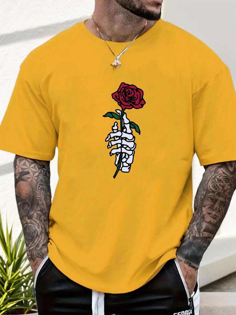 2025 Summer Essential Mens Tee Edgy Artistic Vintage Inspired Goth Skeleton Hand Rose Print 100 Cotton Short Sleeve Casual Top
